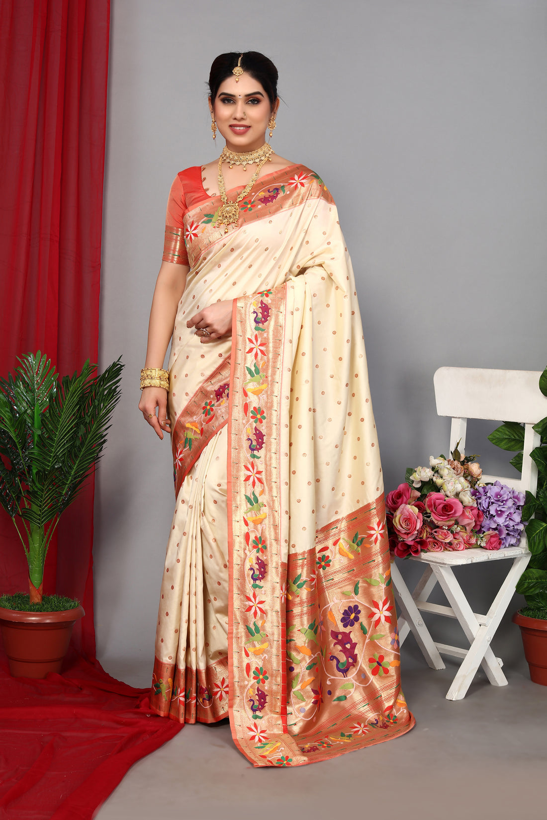 Luxury Paithani Silk Cream Color Saree