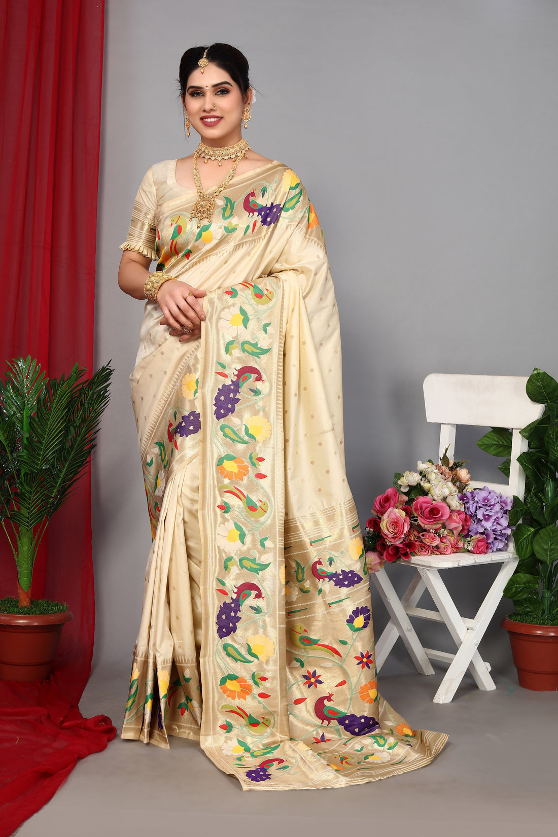 Cream Color Paithani Silk Traditional Saree