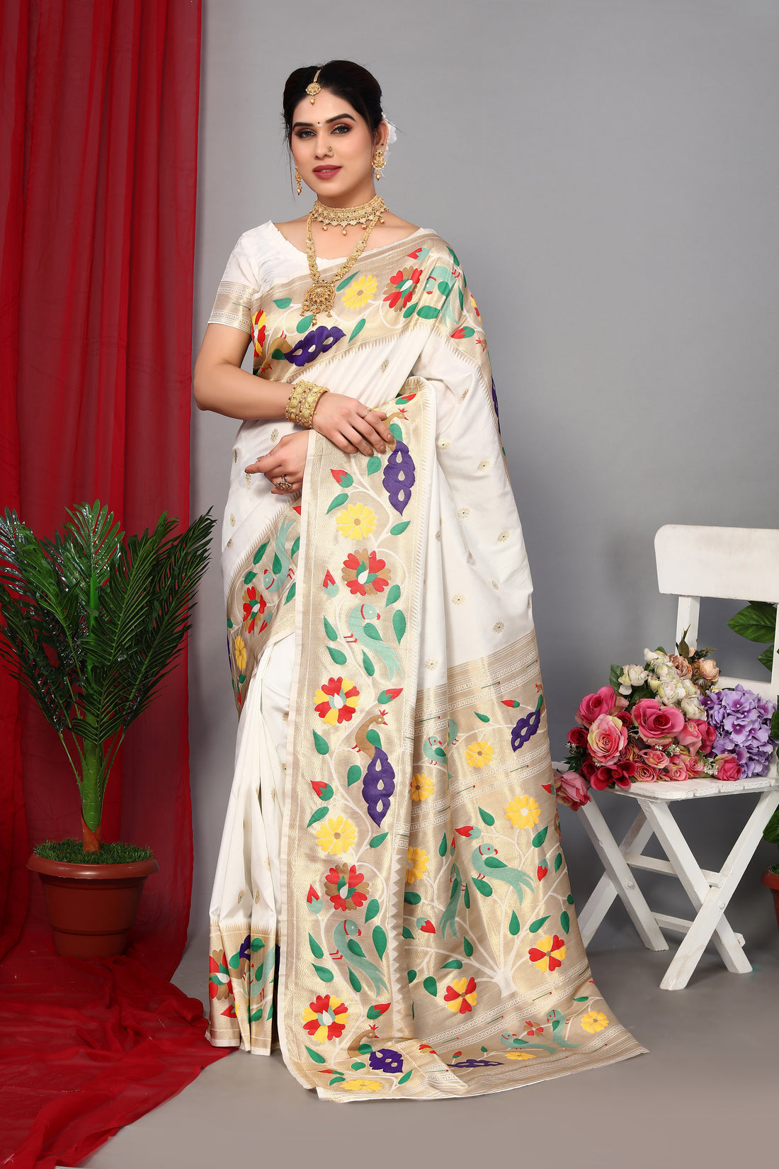 Magenta White Party Wear Paithani Silk Saree