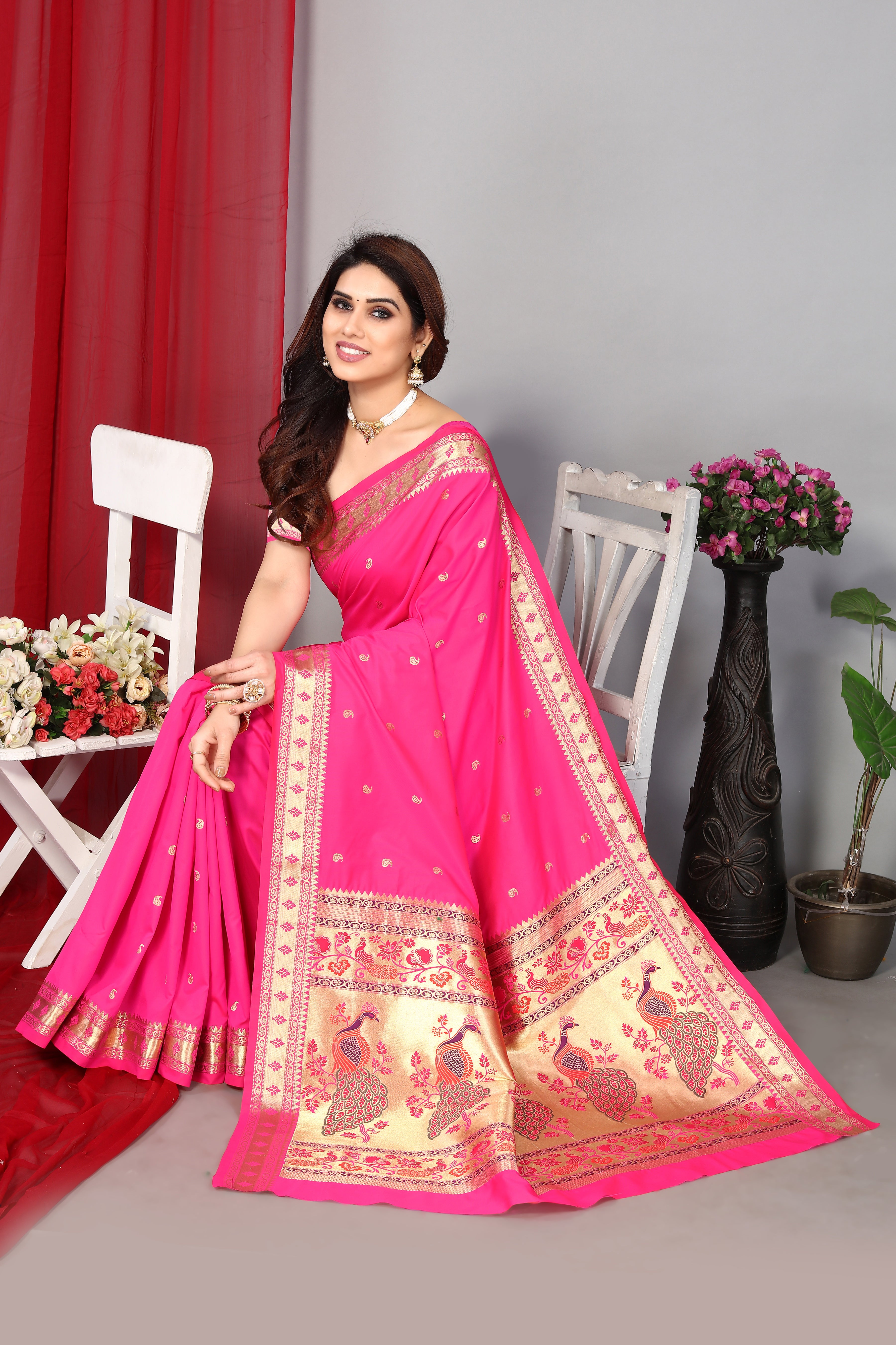 Paithani Silk Latest Pink Color Saree