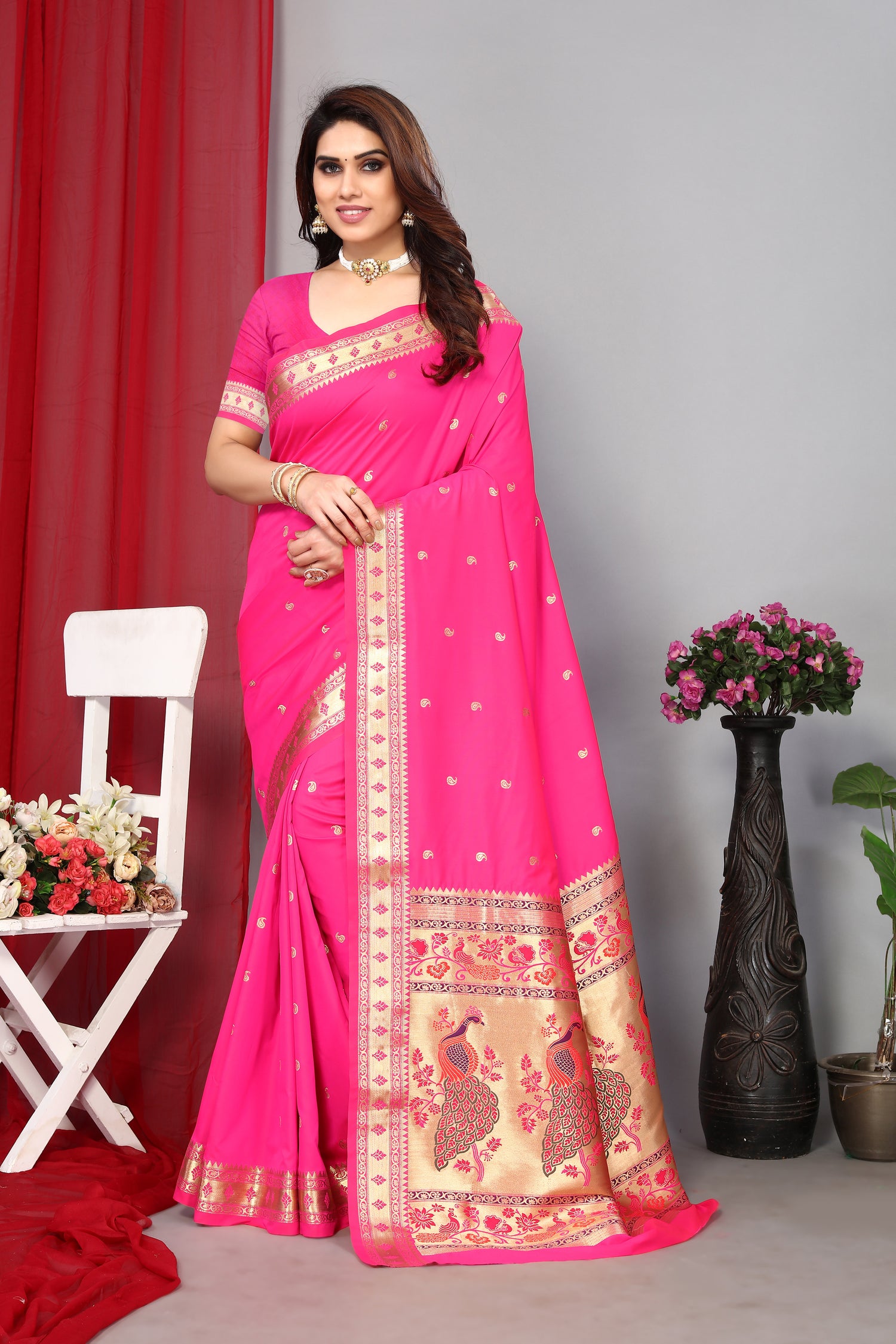 Paithani Silk Latest Pink Color Saree