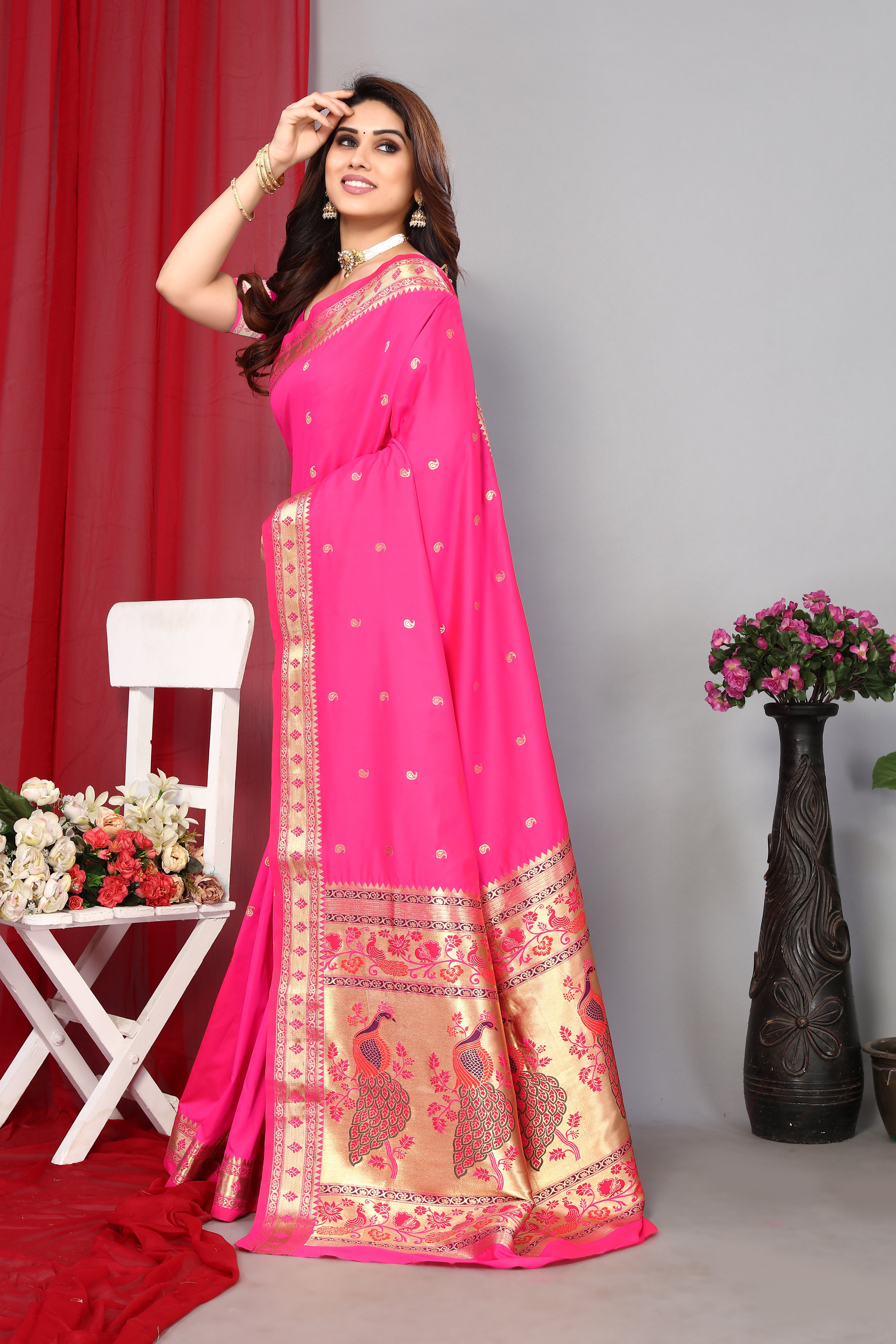 Paithani Silk Latest Pink Color Saree