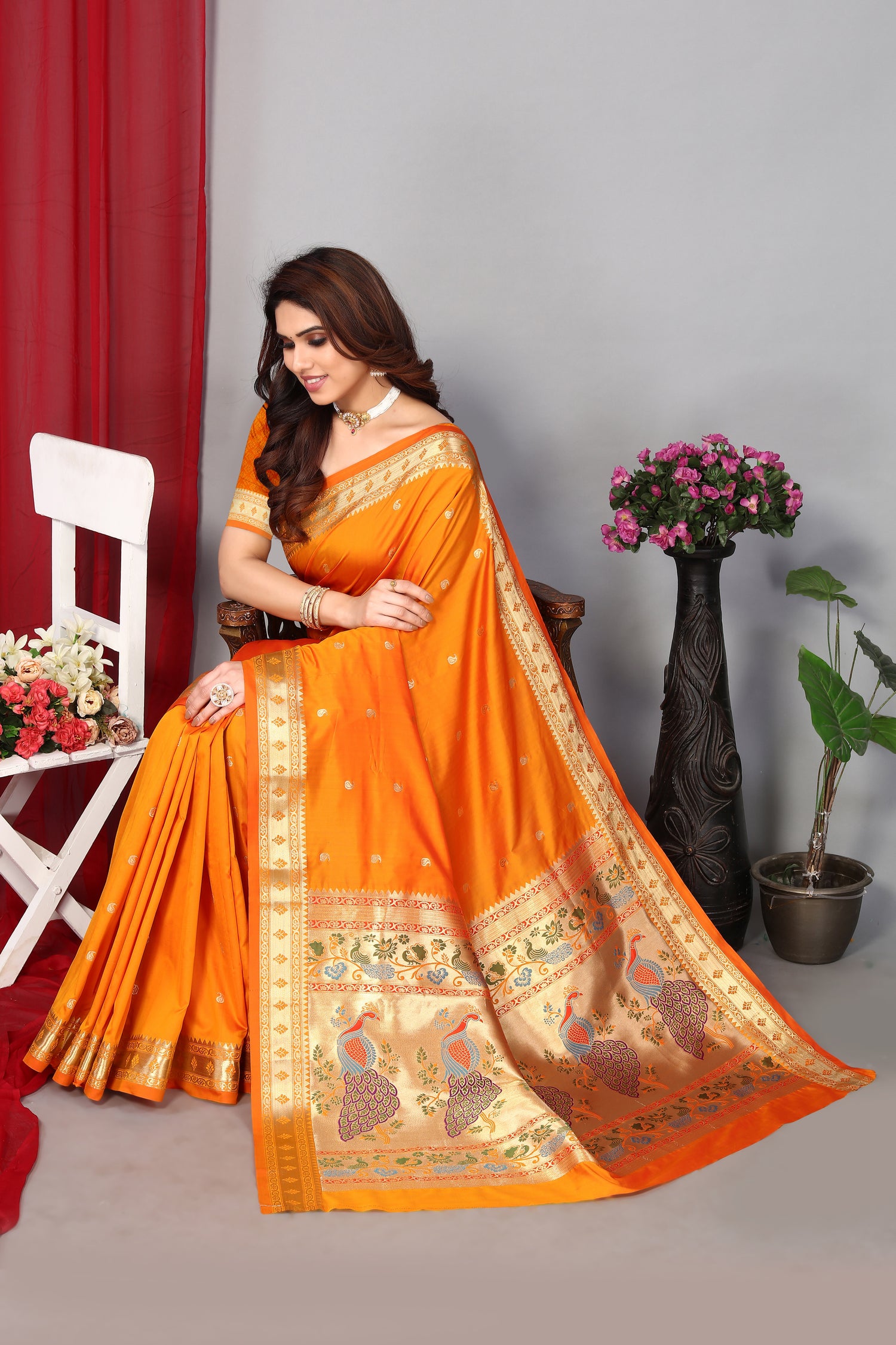 Designer Orange Color Paithani Silk Saree