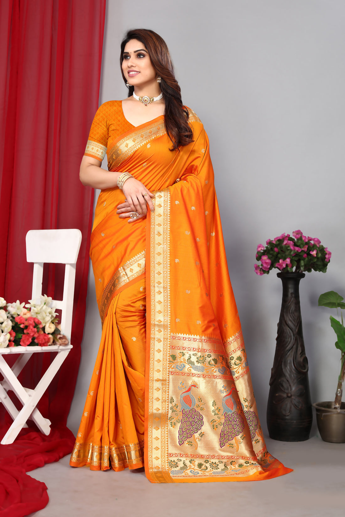 Designer Orange Color Paithani Silk Saree