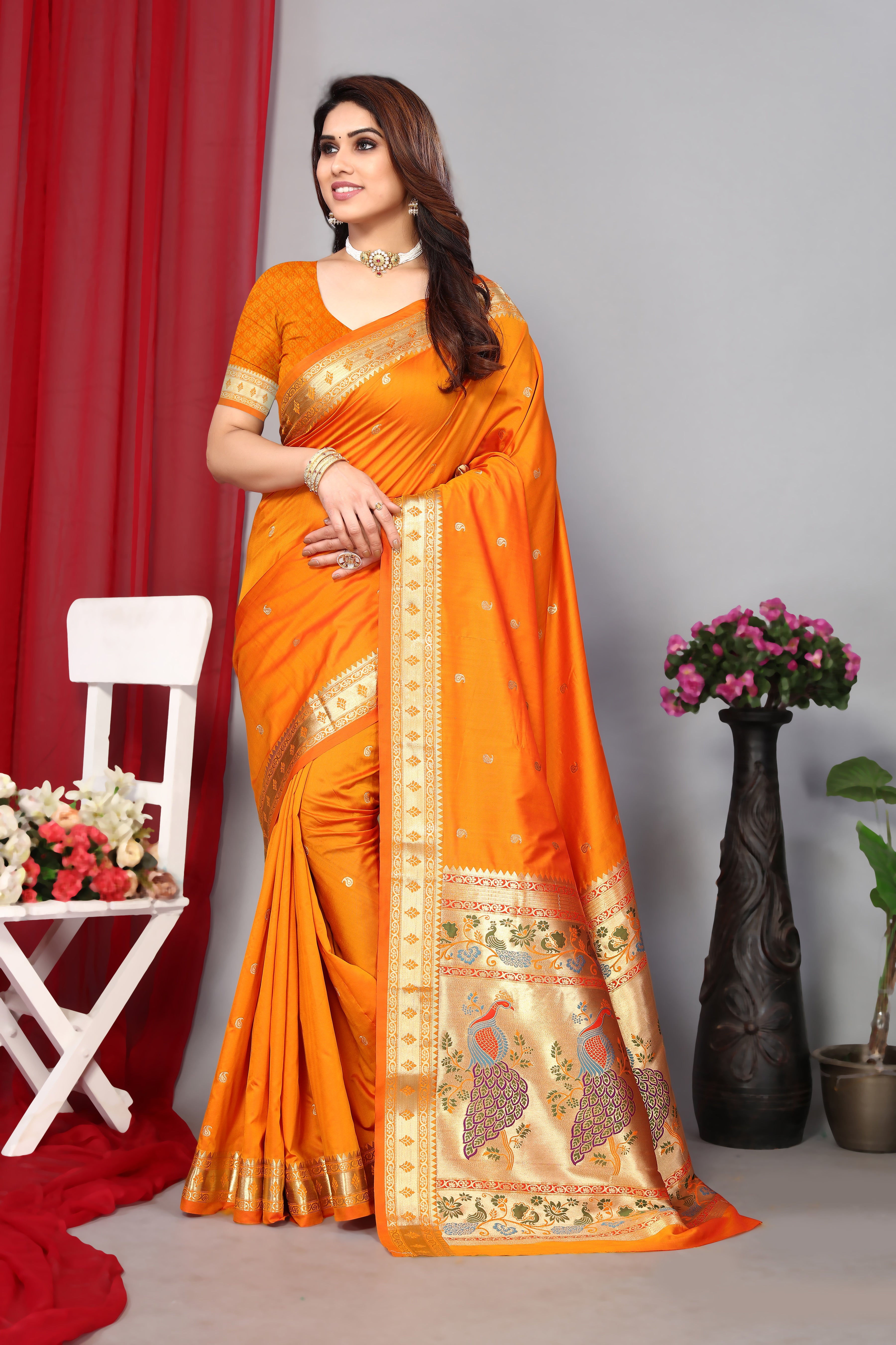 Designer Orange Color Paithani Silk Saree