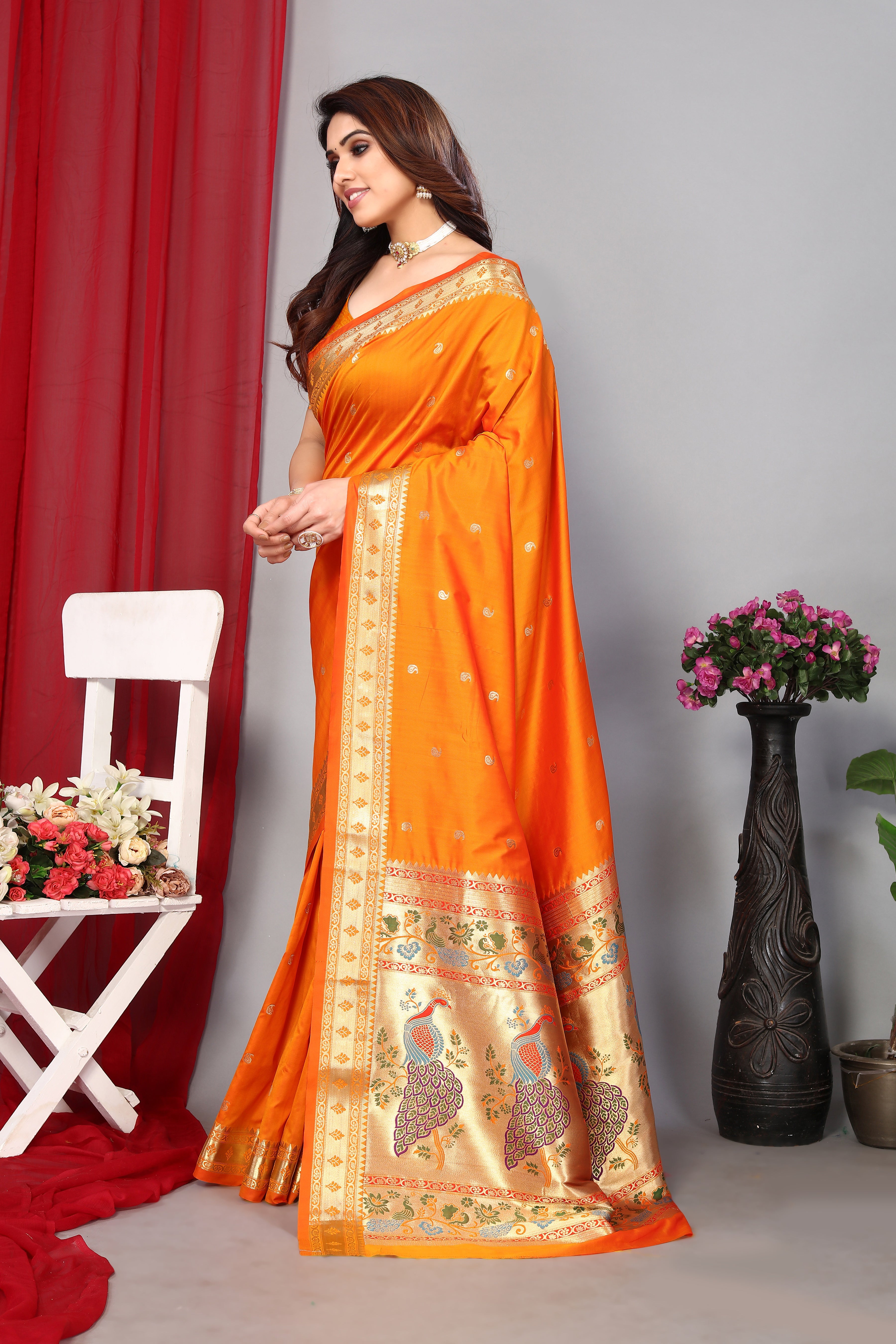 Designer Orange Color Paithani Silk Saree