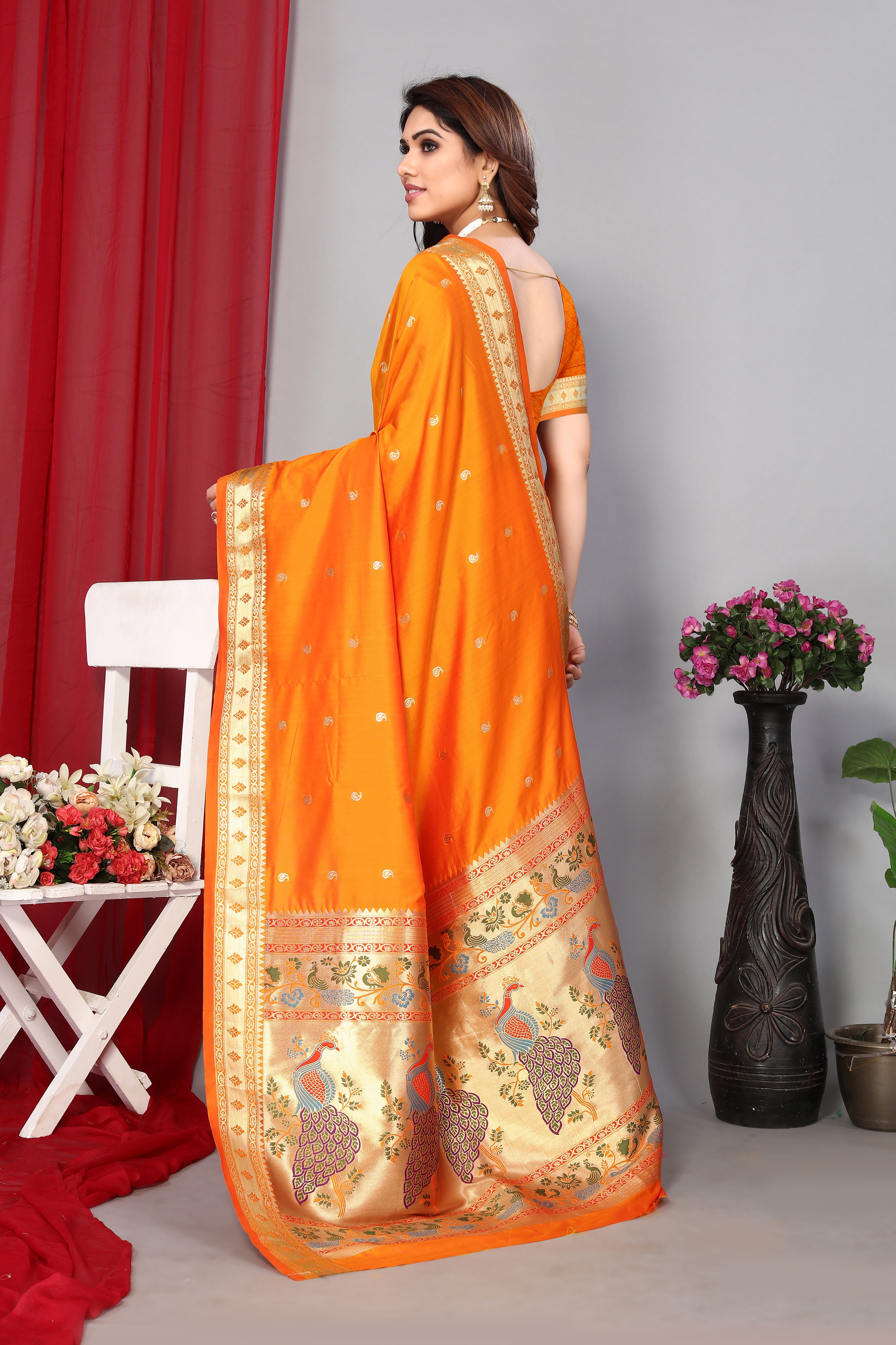 Designer Orange Color Paithani Silk Saree