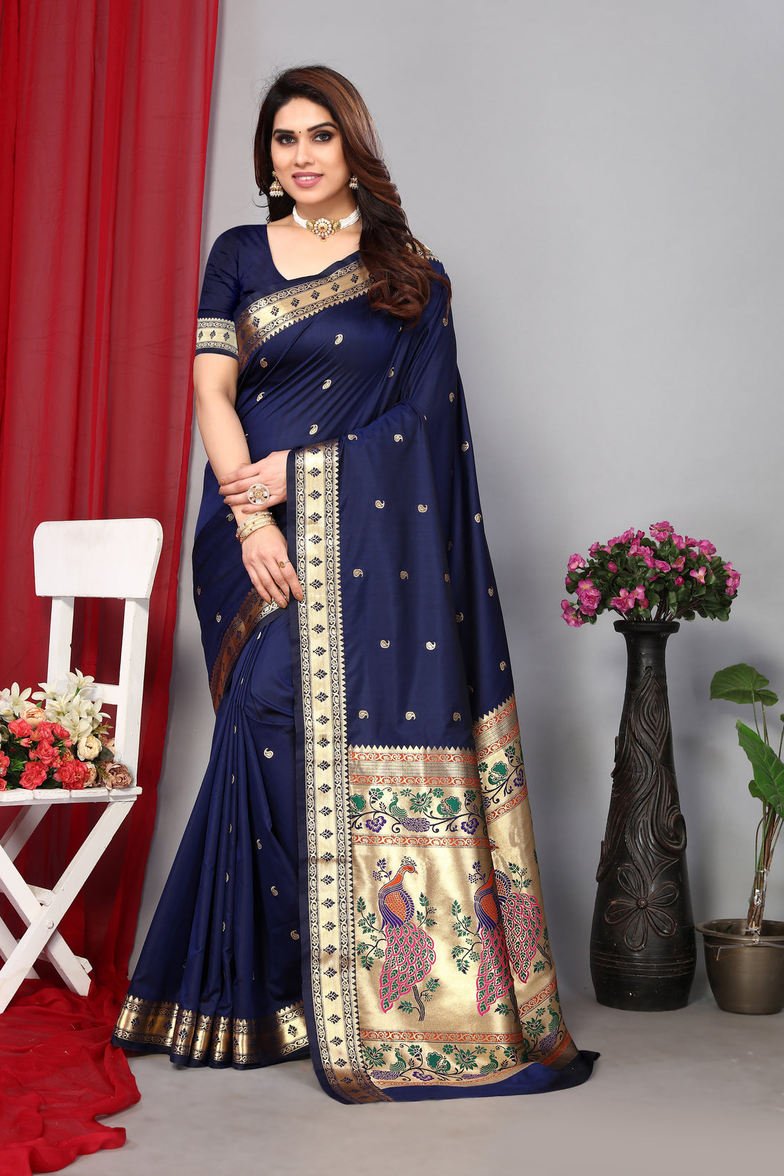 Heavy Paithani Silk Navy Blue Color Silk Saree