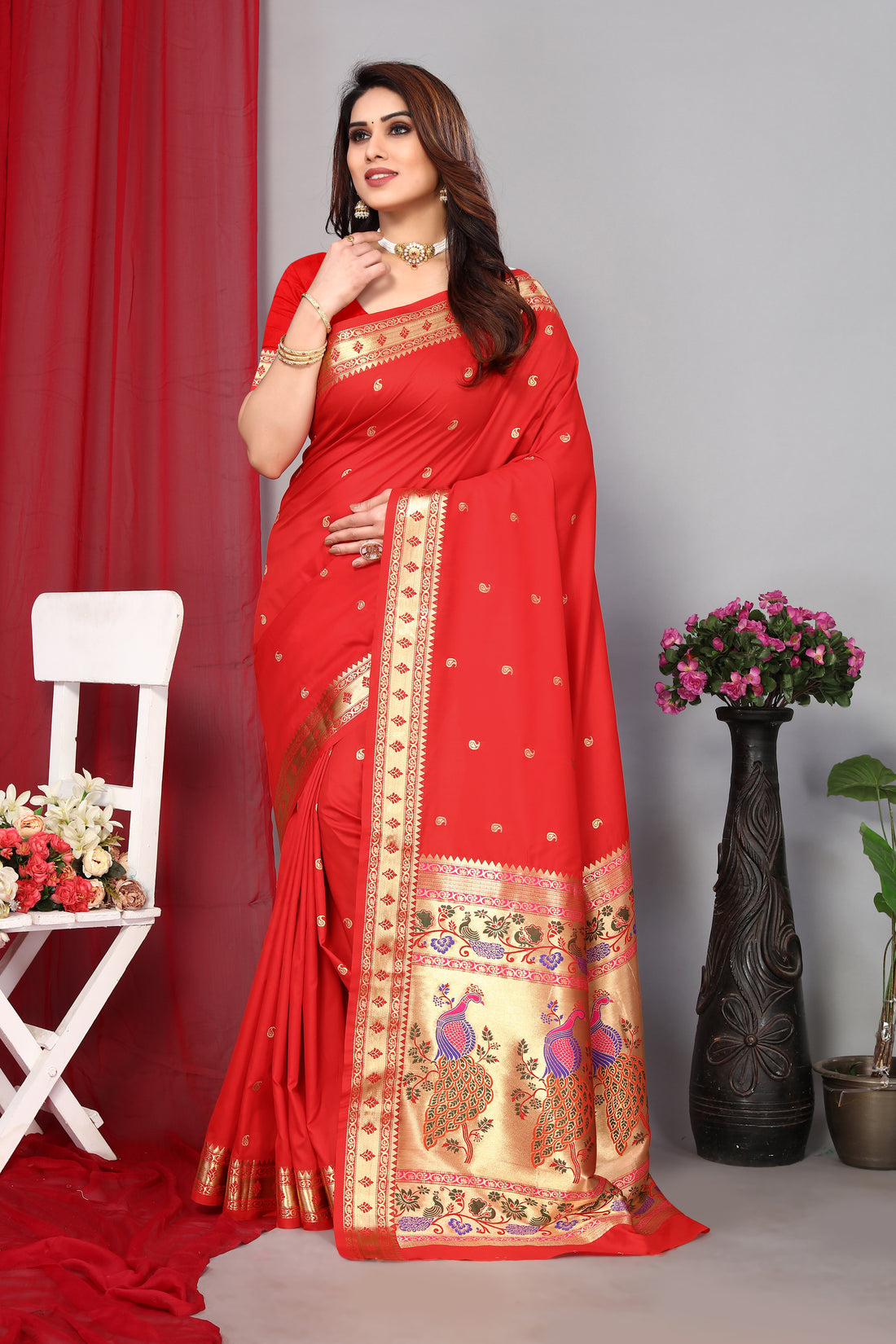 Party Wear Red Color Paithani Silk Saree