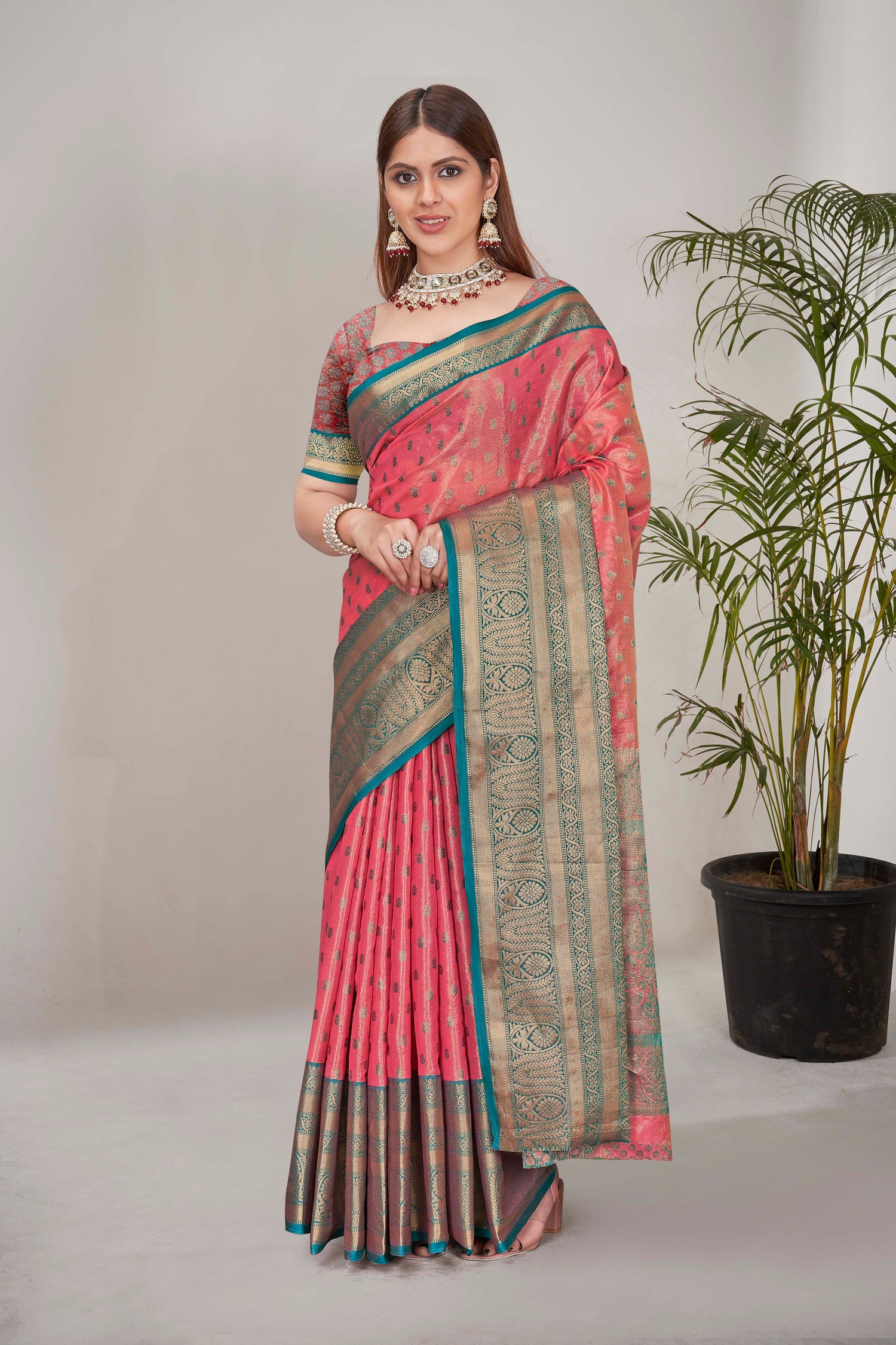 Luxurious Tissue Silk Pink Color Saree