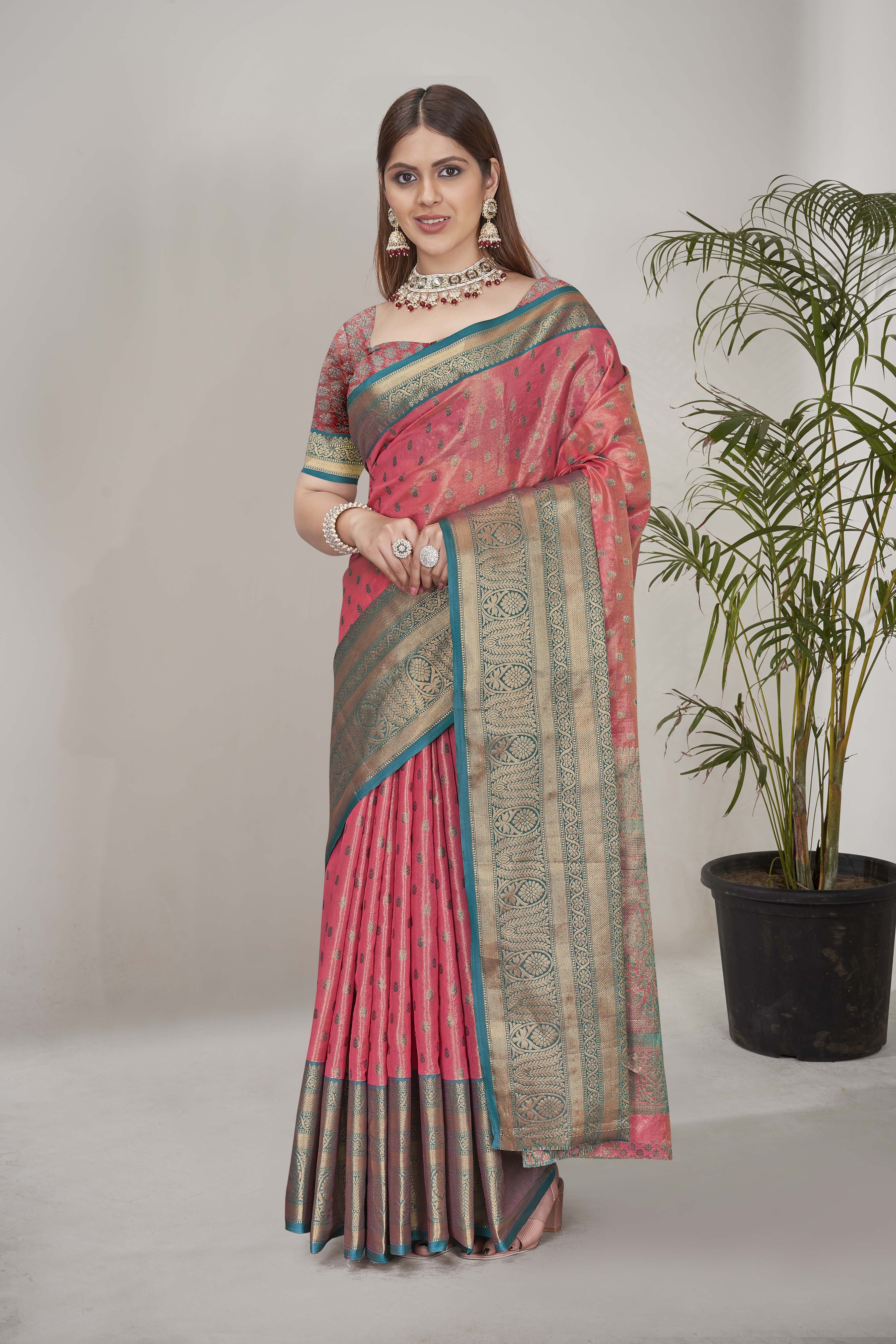 Luxurious Tissue Silk Pink Color Saree