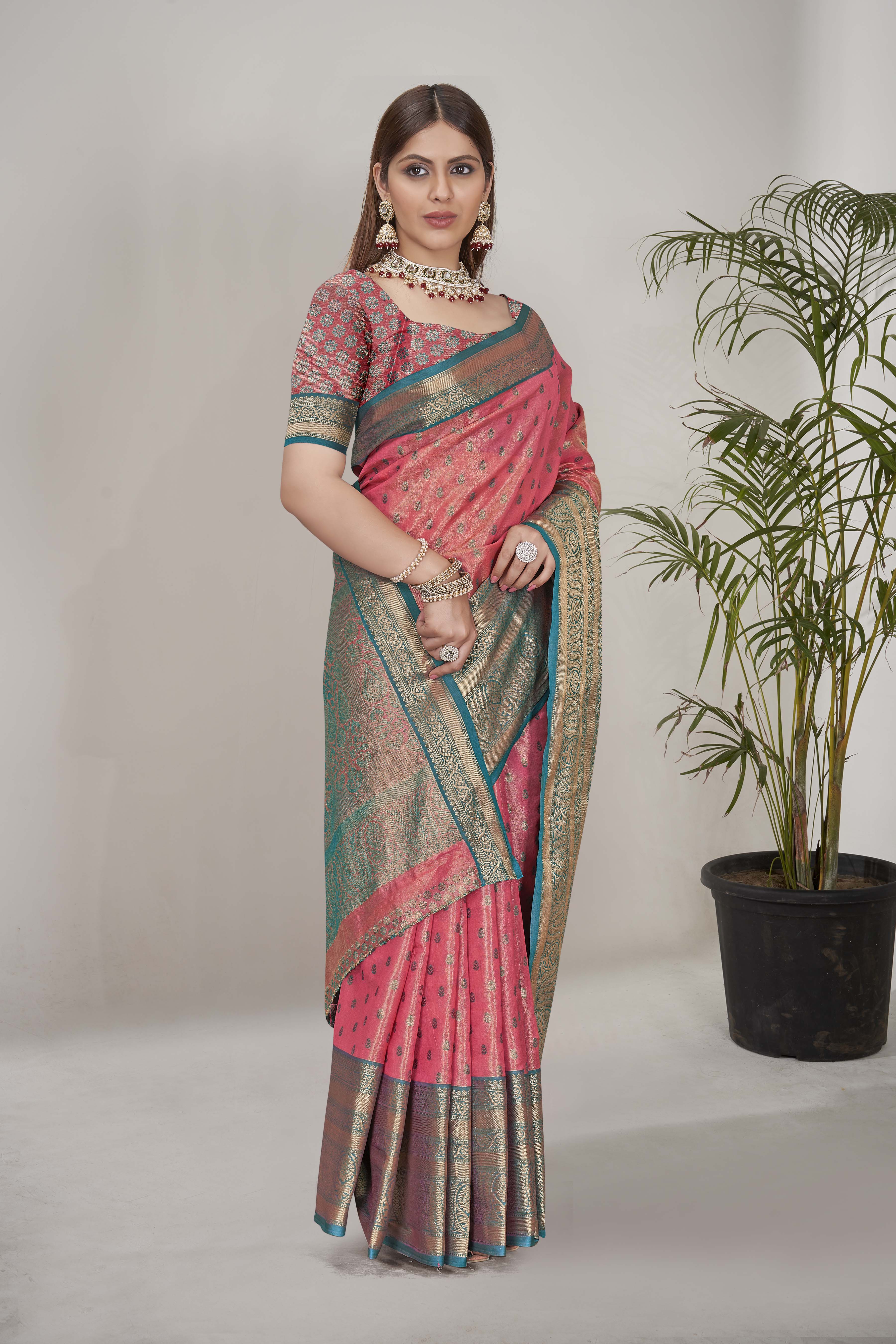 Luxurious Tissue Silk Pink Color Saree