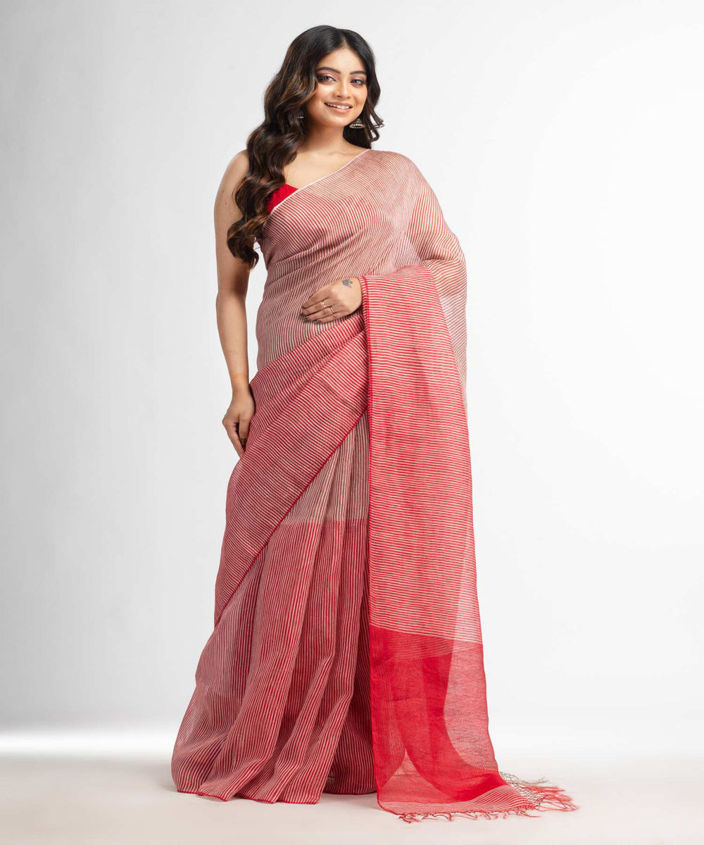 Party Wear Red Color Linen Silk Handloom Saree