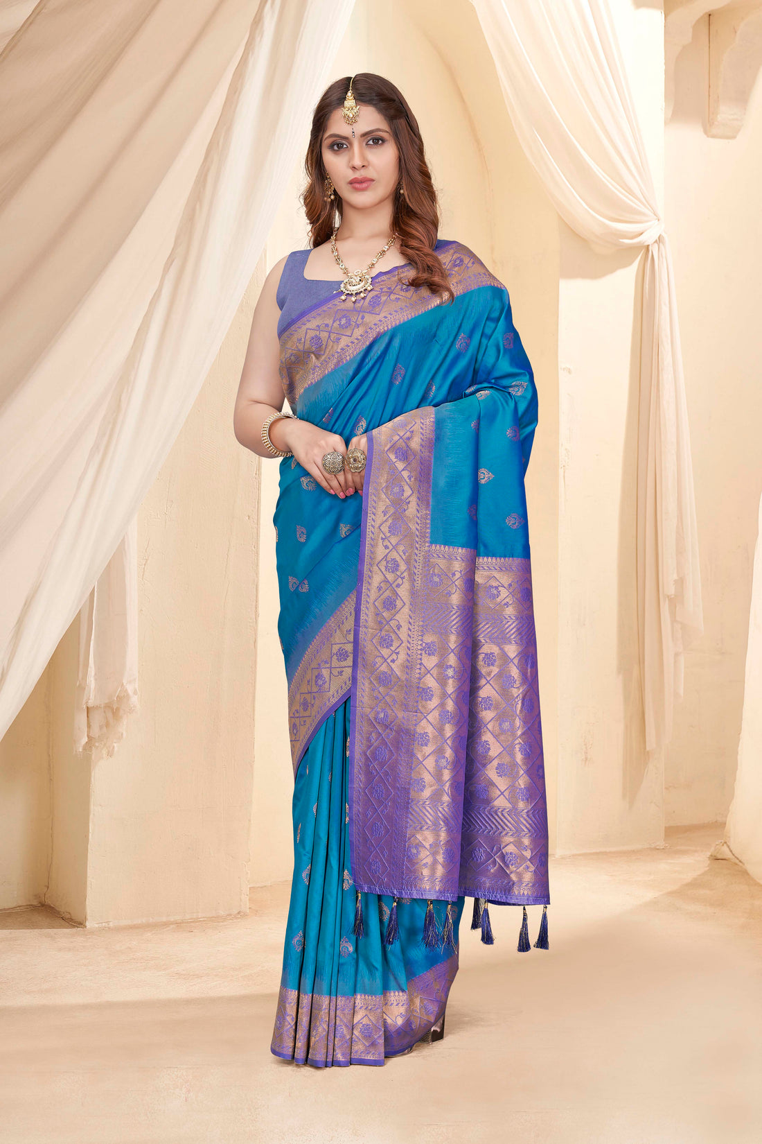 Heavy Pure Silk Blue Color Soft Saree