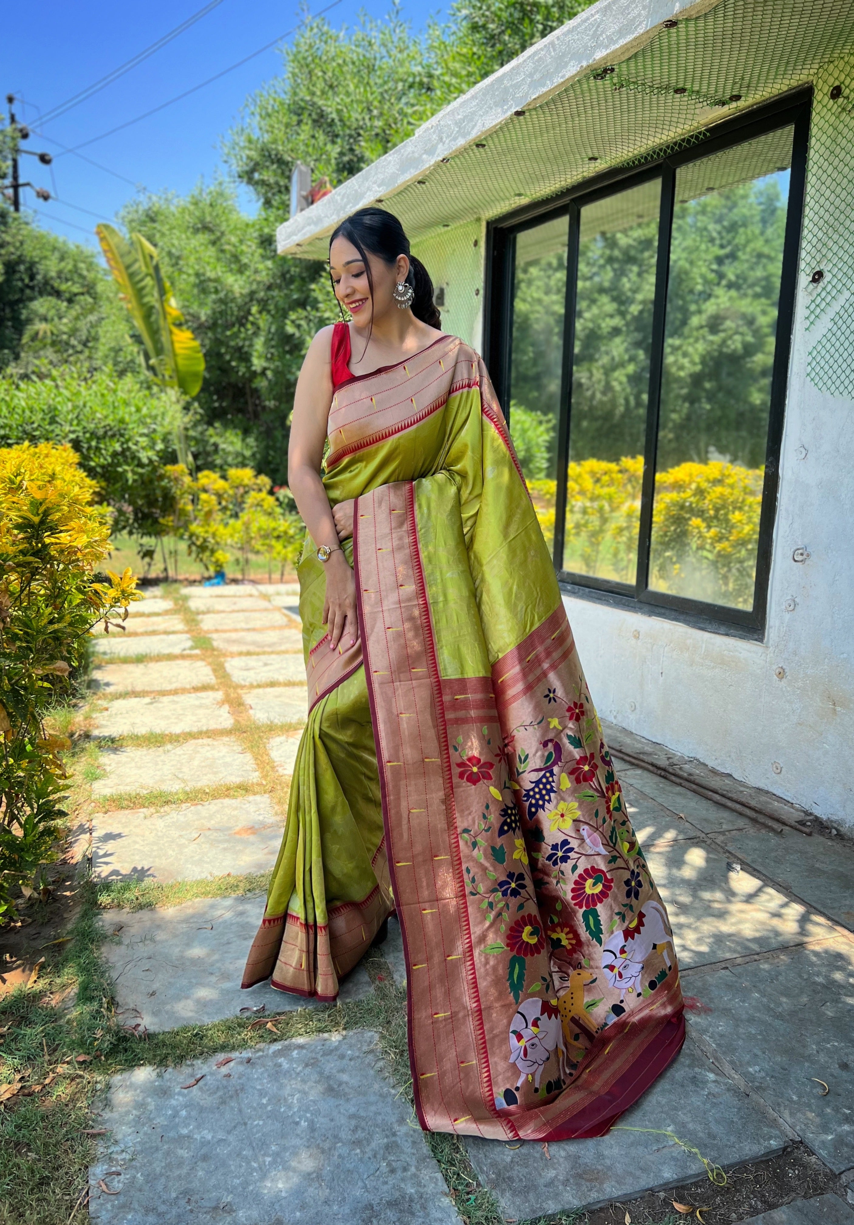 Designer Pure Silk Green Color Saree