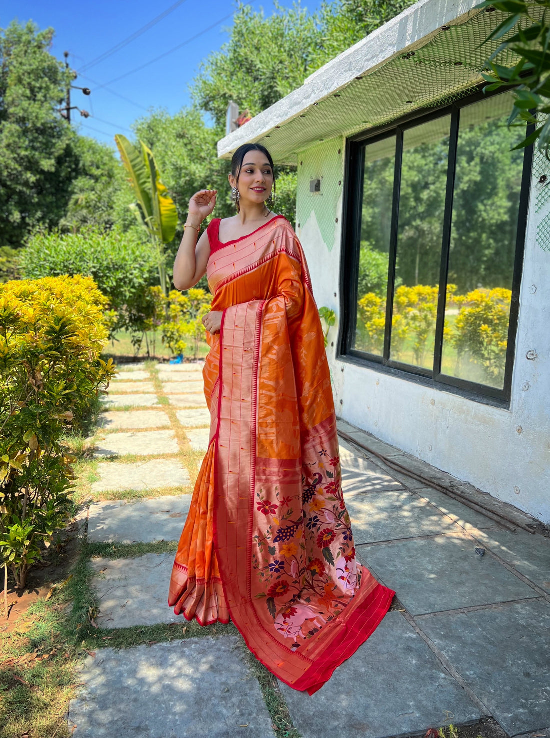 Party Wear Pure Silk Orange Saree