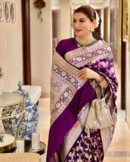 New Purple Color Banarasi Silk Saree With Zari Border