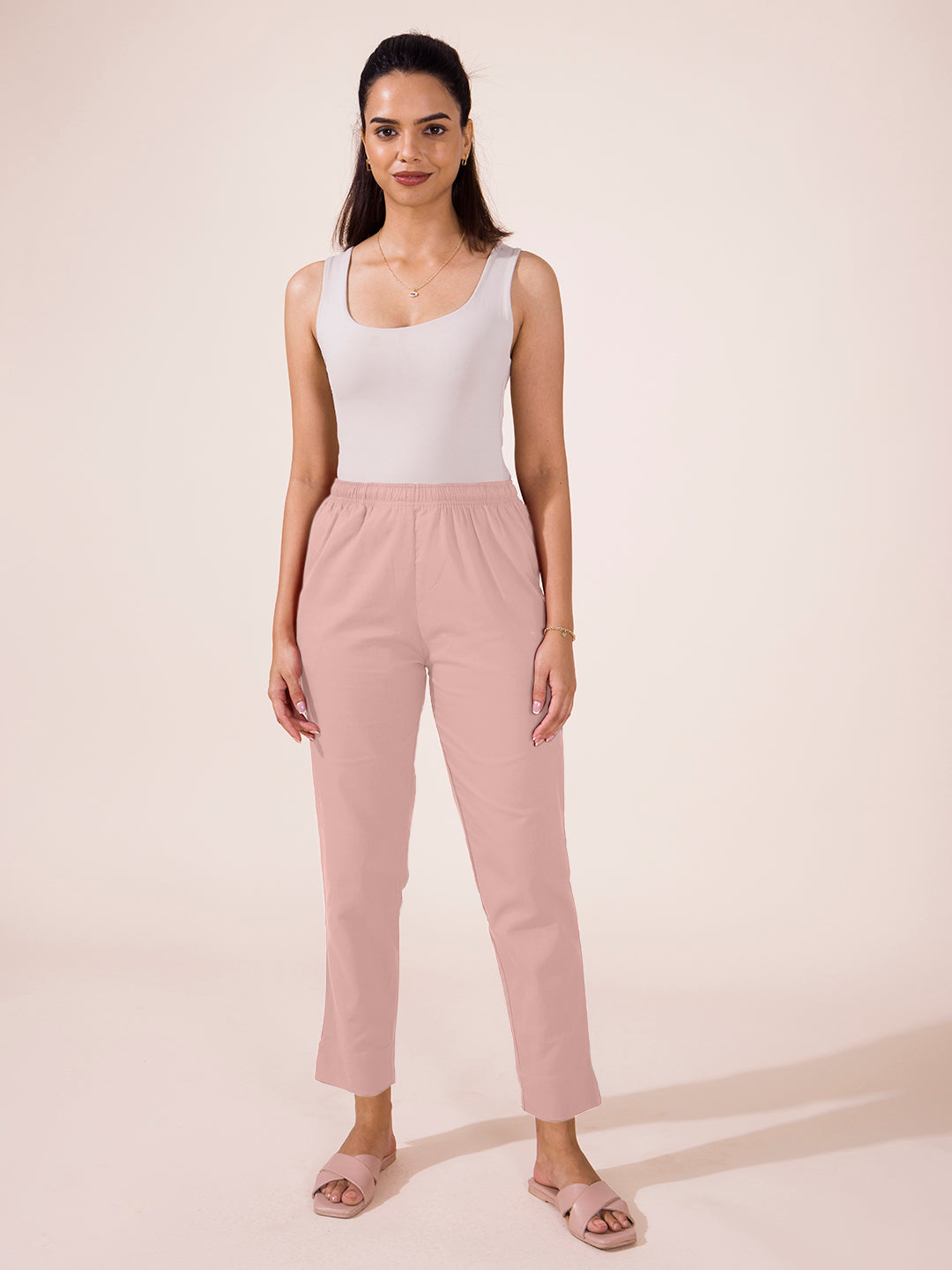 Mid-Rise Cropped Cotton Pant Trousers (Baby Pink)