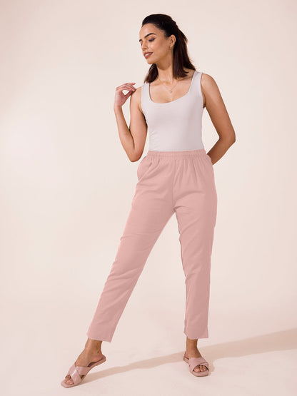 Mid-Rise Cropped Cotton Pant Trousers (Baby Pink)