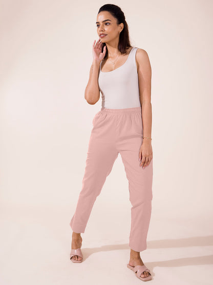 Mid-Rise Cropped Cotton Pant Trousers (Baby Pink)