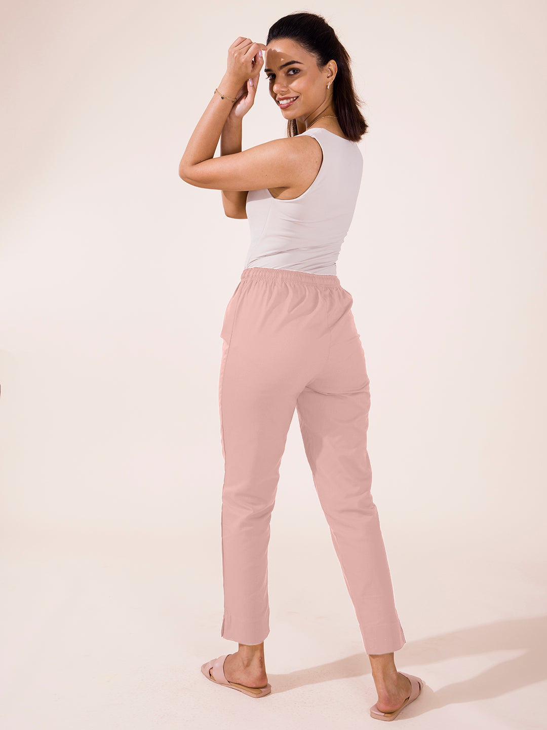 Mid-Rise Cropped Cotton Pant Trousers (Baby Pink)