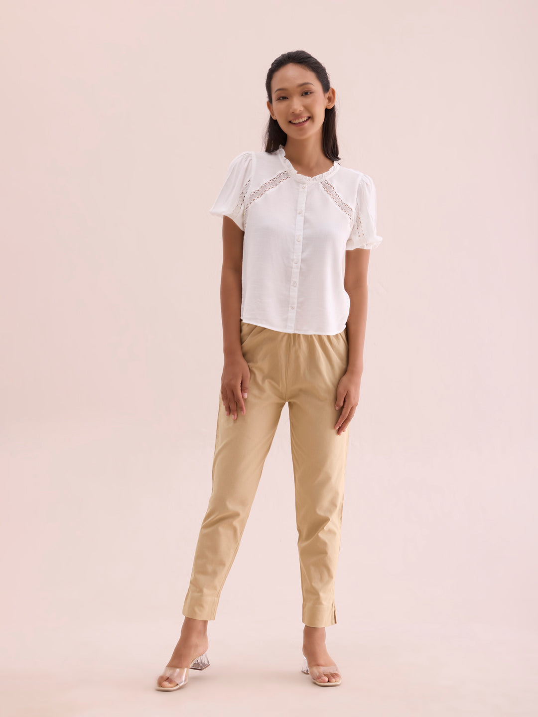 Mid-Rise Cropped Cotton Pant Trousers (Beige)