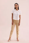 Mid-Rise Cropped Cotton Pant Trousers (Beige)