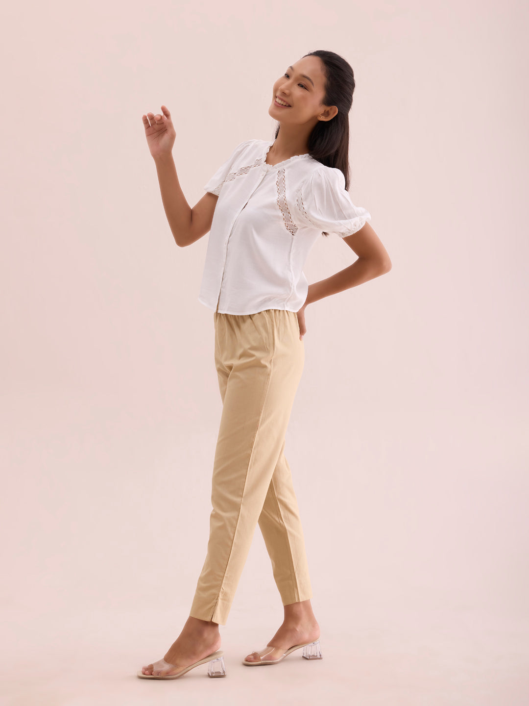 Mid-Rise Cropped Cotton Pant Trousers (Beige)