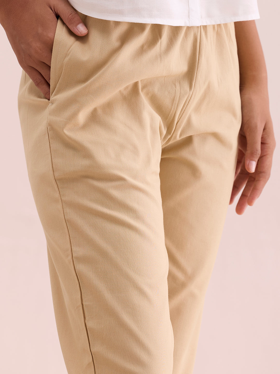 Mid-Rise Cropped Cotton Pant Trousers (Beige)