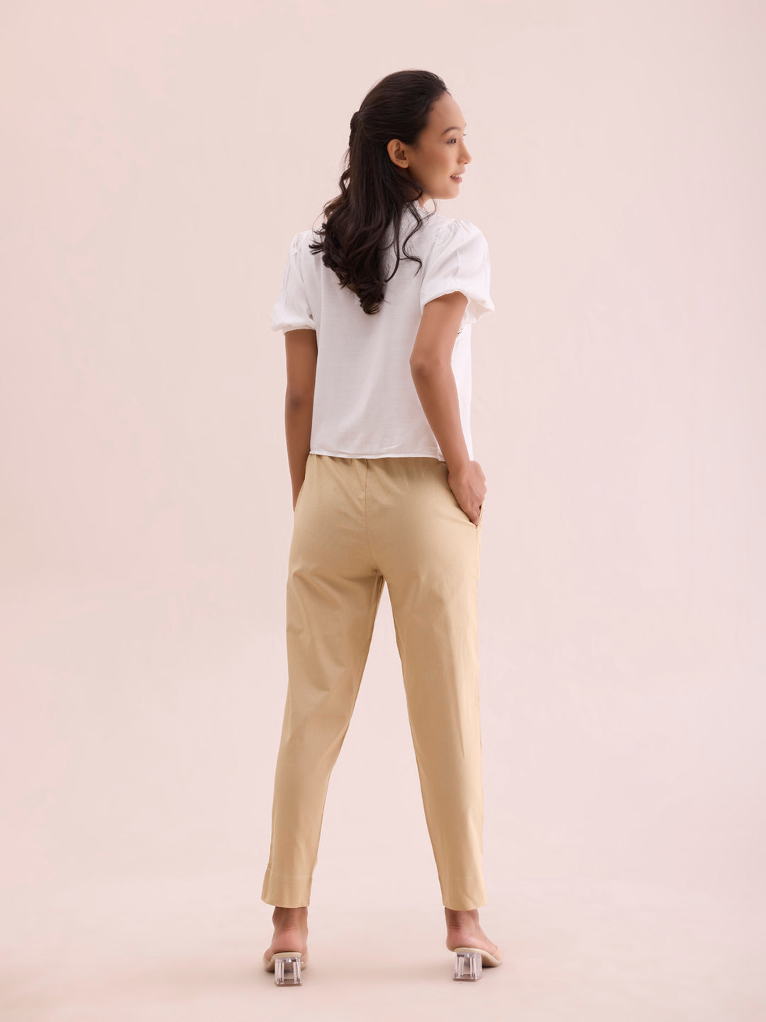 Mid-Rise Cropped Cotton Pant Trousers (Beige)