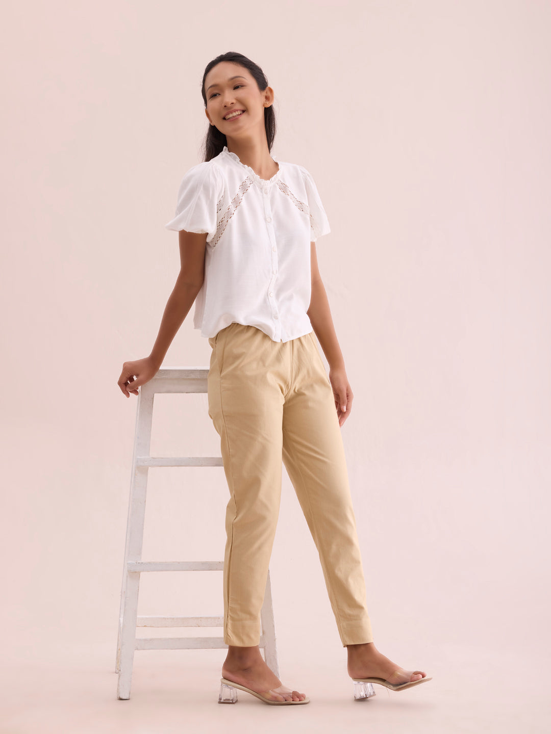 Mid-Rise Cropped Cotton Pant Trousers (Beige)