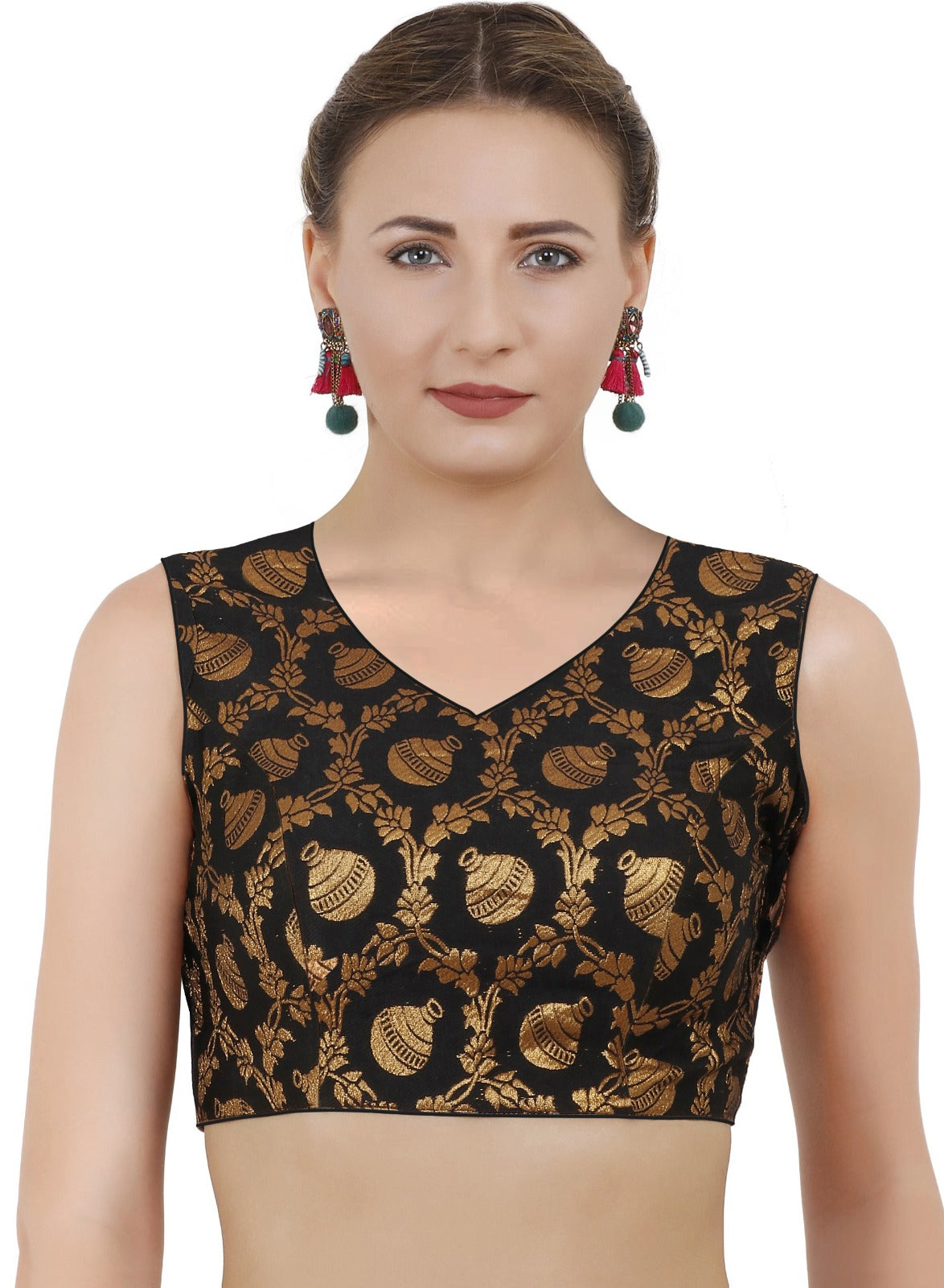 Brocade V Neck Readymade Black Color Latest Blouse