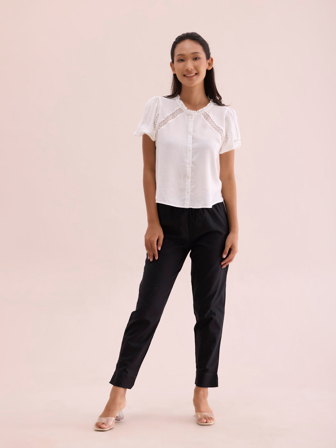 Mid-Rise Cropped Cotton Pant Trousers (Black)