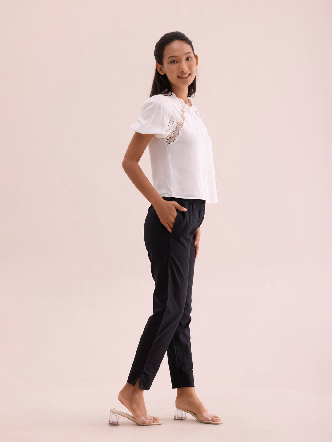 Mid-Rise Cropped Cotton Pant Trousers (Black)