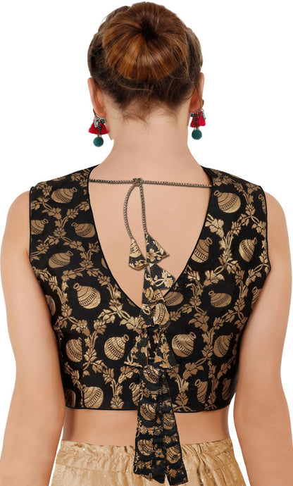 Brocade V Neck Readymade Black Color Latest Blouse