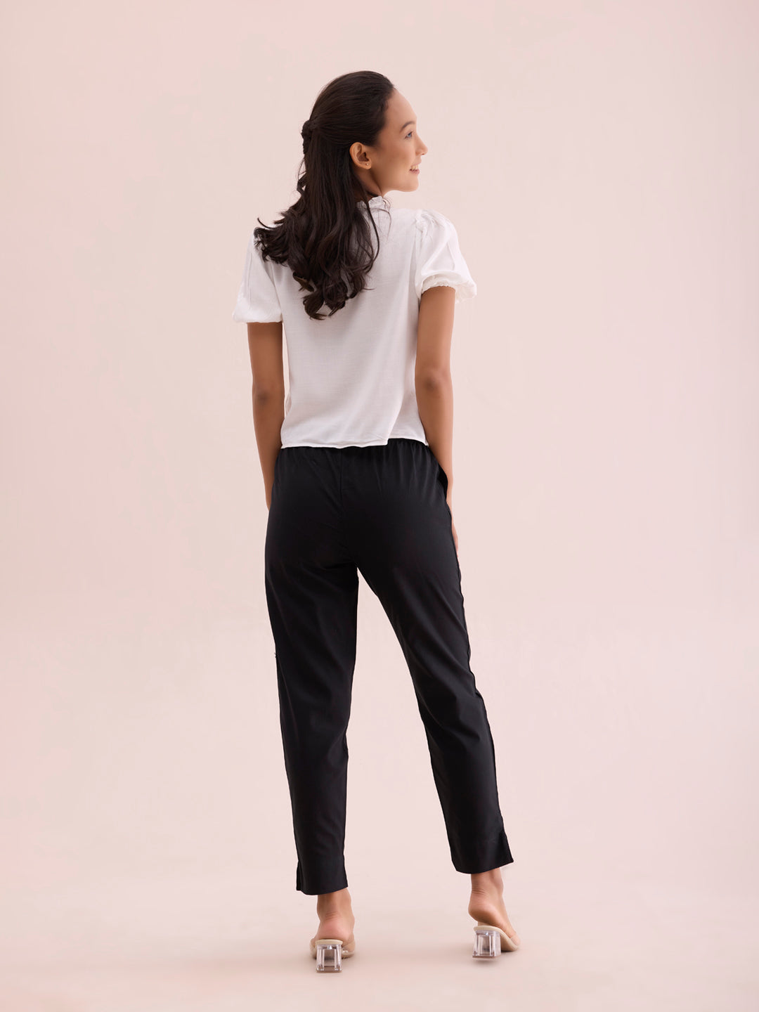 Mid-Rise Cropped Cotton Pant Trousers (Black)