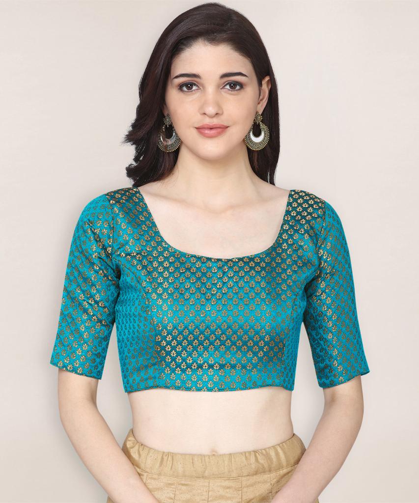 Attractive Readymade Boat Neck Brocade Blue Blouse