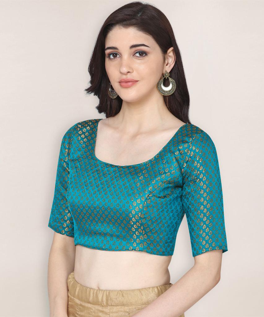 Attractive Readymade Boat Neck Brocade Blue Blouse