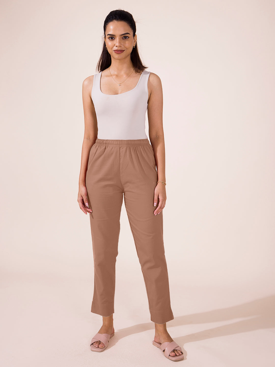 Mid-Rise Cropped Cotton Pant Trousers (Brown)