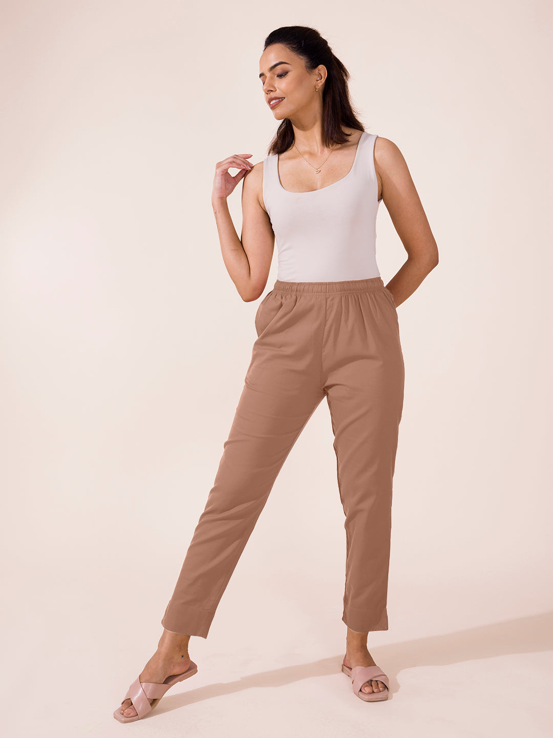 Mid-Rise Cropped Cotton Pant Trousers (Brown)