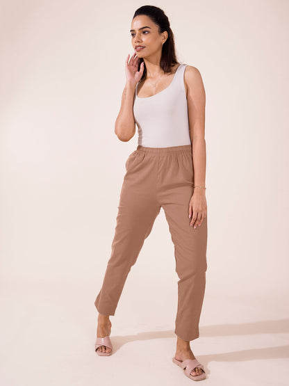 Mid-Rise Cropped Cotton Pant Trousers (Brown)