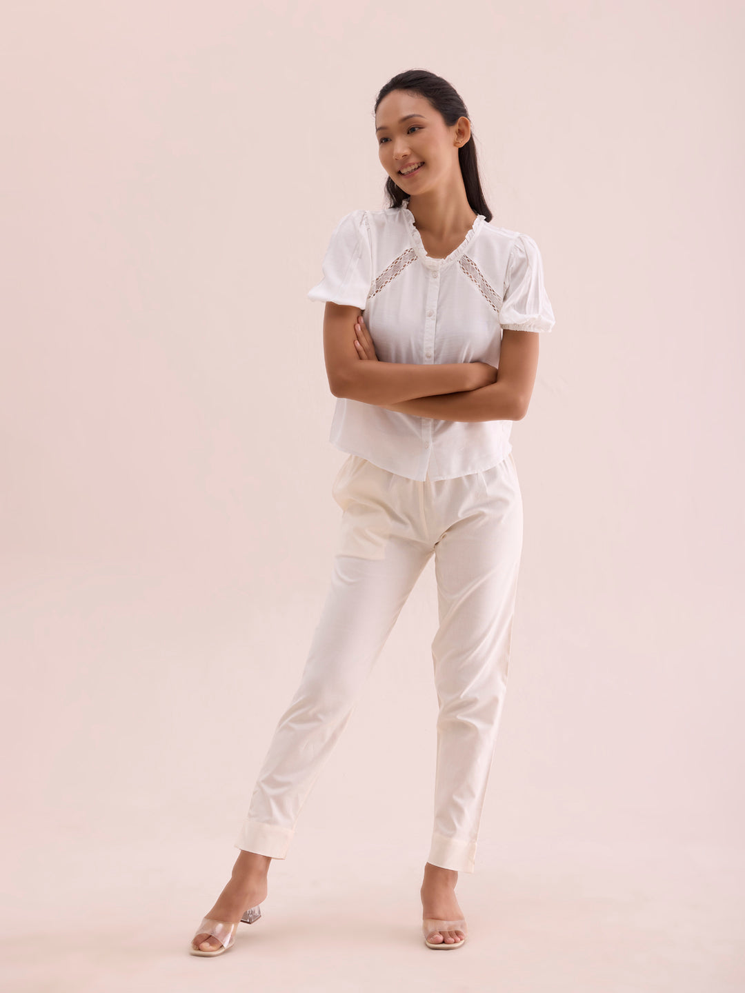 Mid-Rise Cropped Cotton Pant Trousers (Cream)