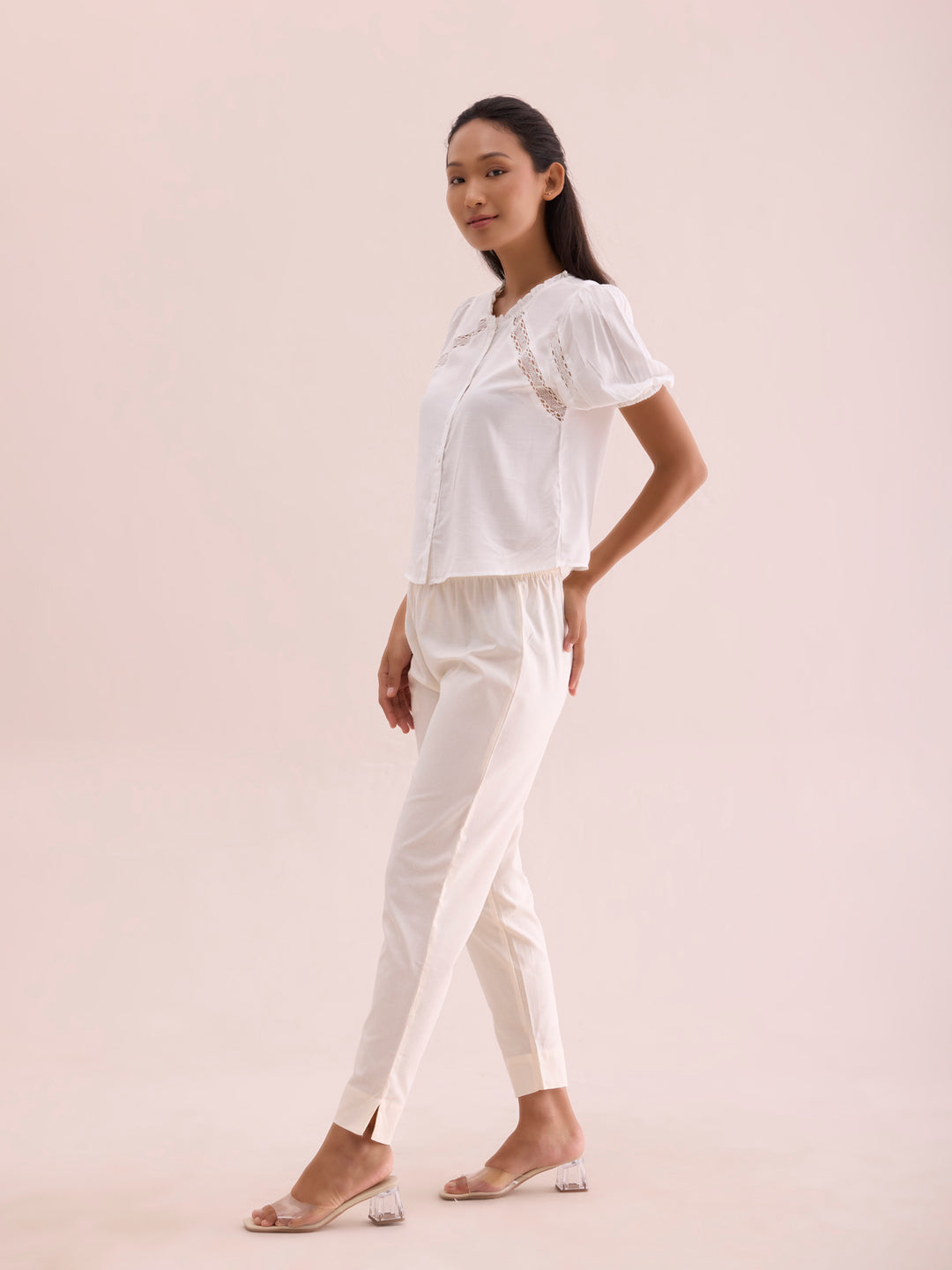 Mid-Rise Cropped Cotton Pant Trousers (Cream)