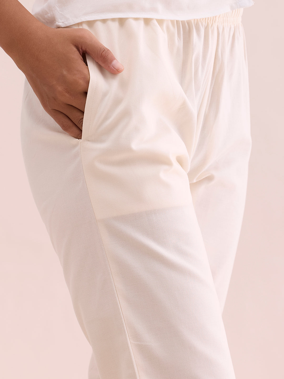 Mid-Rise Cropped Cotton Pant Trousers (Cream)