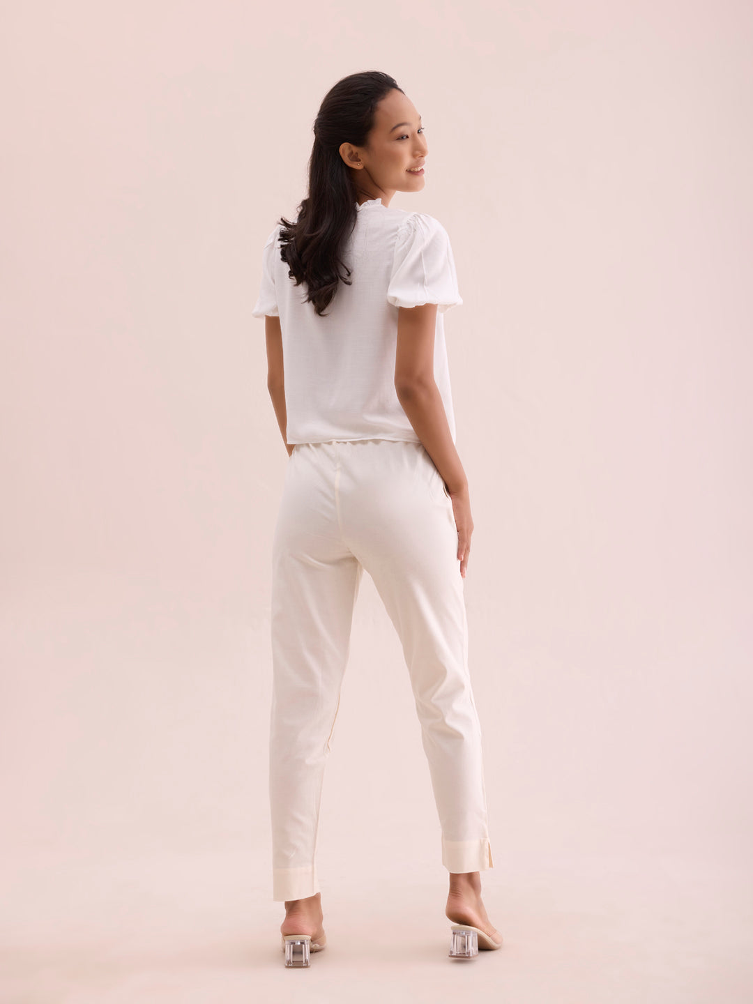 Mid-Rise Cropped Cotton Pant Trousers (Cream)