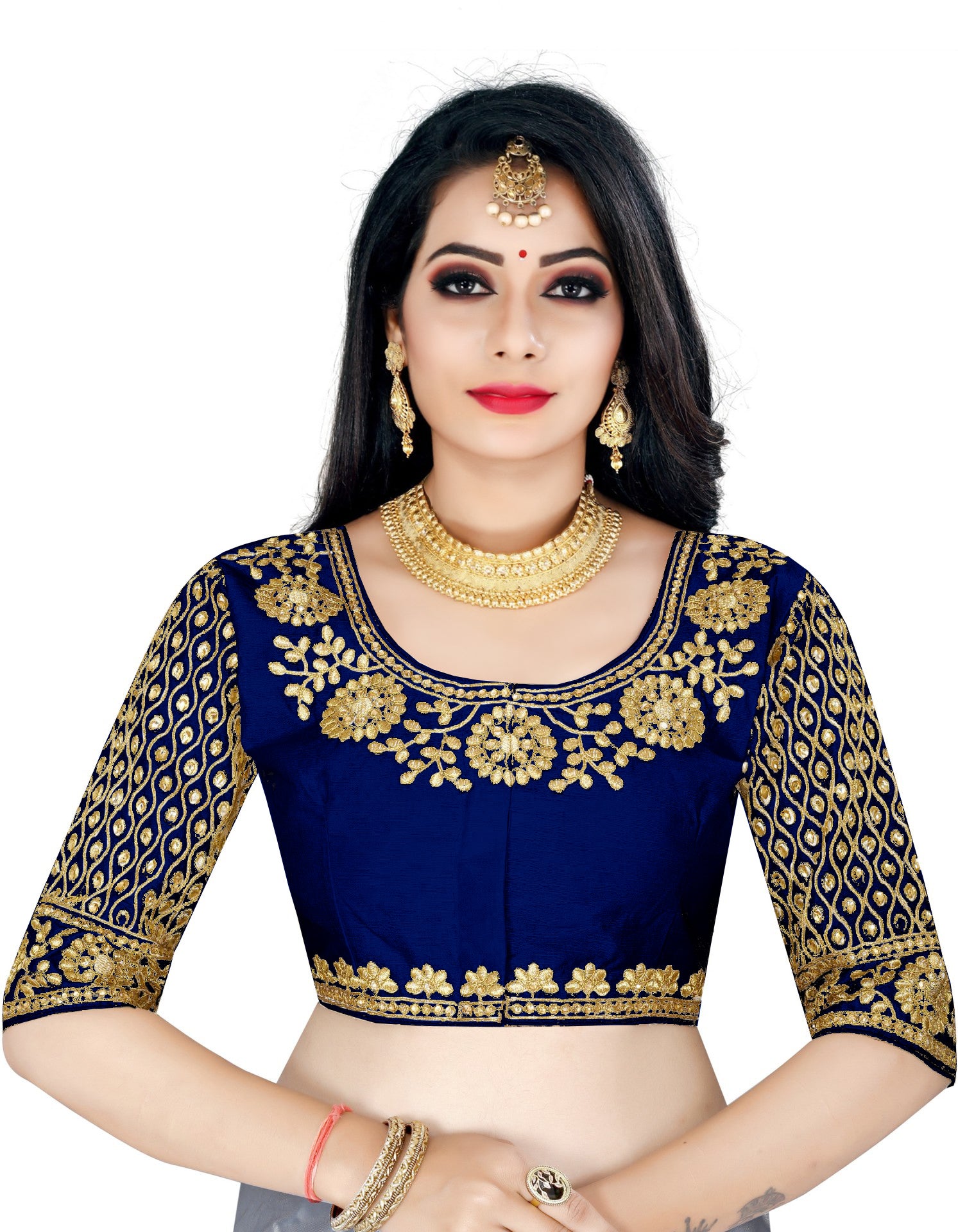 Navy Blue Designer Satin Silk Free Size Readymade Blouses