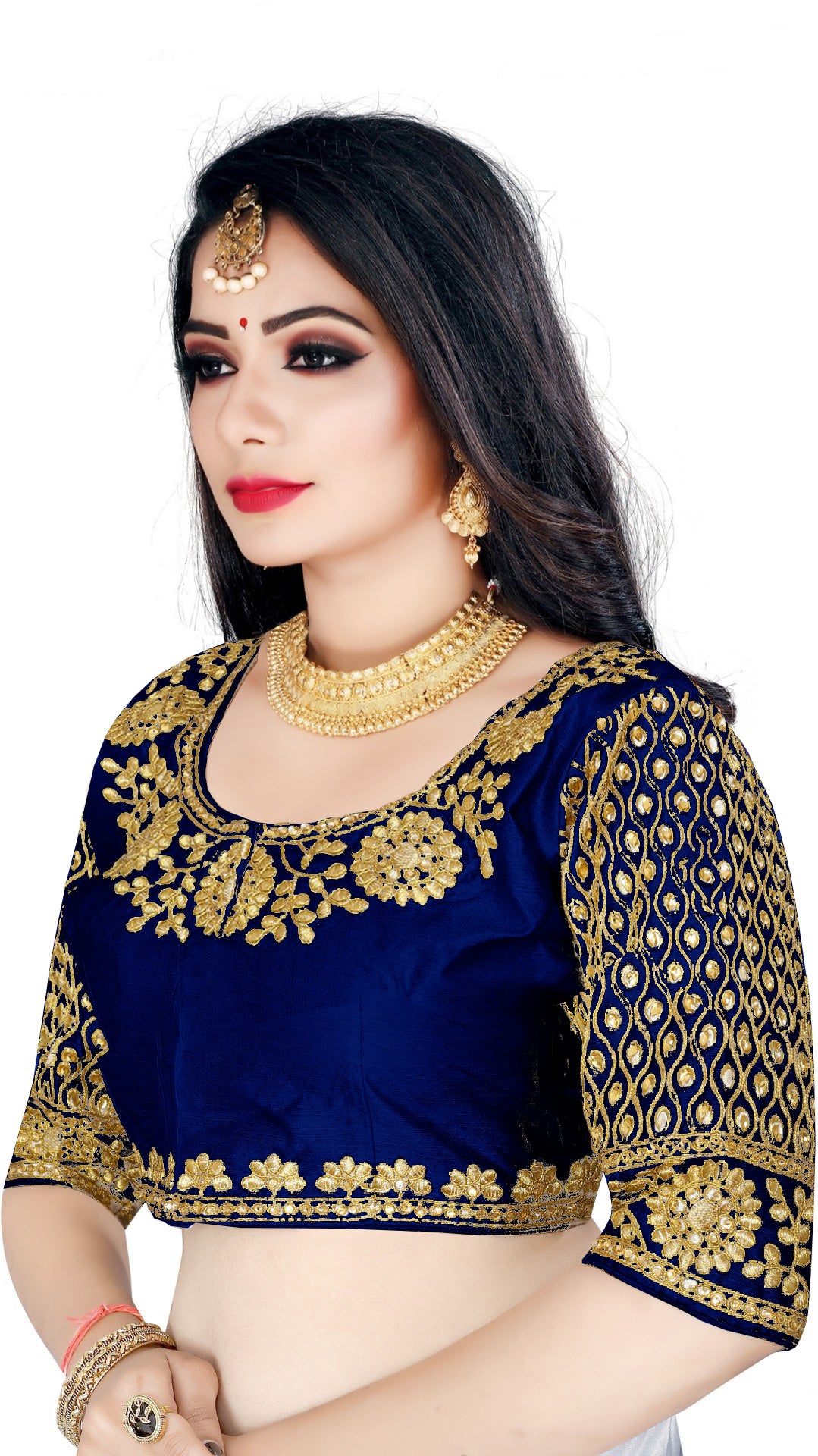 Navy Blue Designer Satin Silk Free Size Readymade Blouses