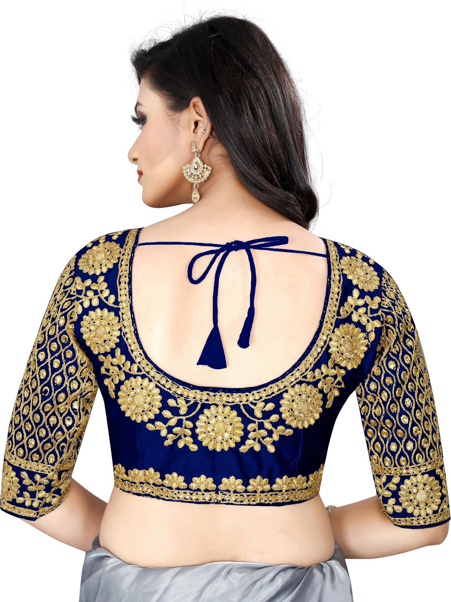 Navy Blue Designer Satin Silk Free Size Readymade Blouses