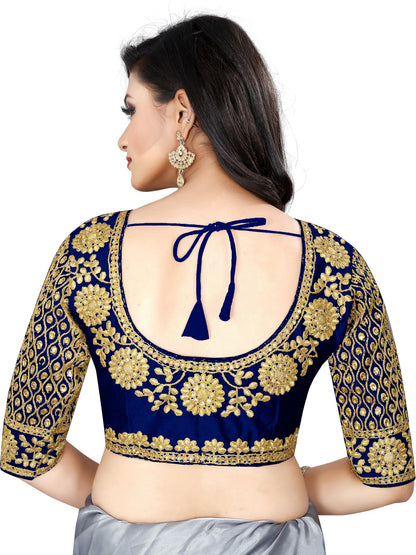 Navy Blue Designer Satin Silk Free Size Readymade Blouses