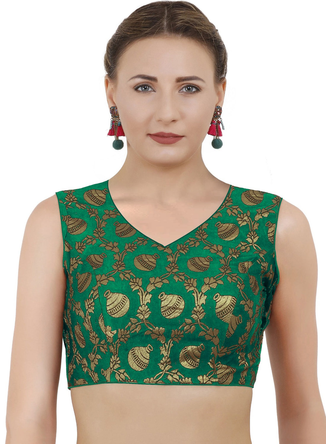 V Neck Sleeveless Party Wear Green Readymade Blouse